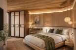 Experience serene living in this beautifully appointed bedroom, featuring a luxurious king-size bed with plush bedding and a calming green throw.