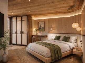 Experience serene living in this beautifully appointed bedroom, featuring a luxurious king-size bed with plush bedding and a calming green throw.