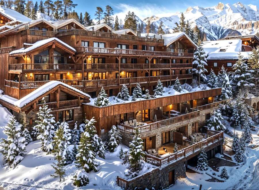 Experience luxury mountain living in this stunning wooden chalet nestled amidst snow-covered pines and majestic peaks.