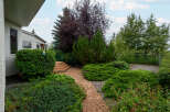Discover a beautifully landscaped backyard featuring a charming brick pathway winding through lush greenery and mature trees.