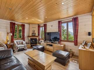 Experience rustic charm in this cozy living room, featuring a warm wood-paneled ceiling and walls.