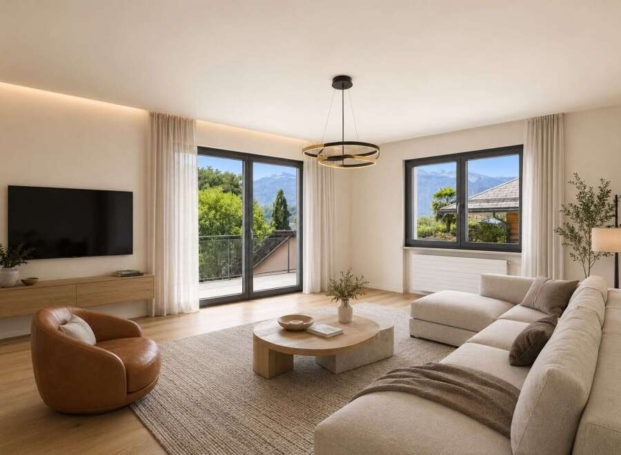 Experience modern living in this stunning living room, featuring a sleek sectional sofa and a stylish leather armchair.