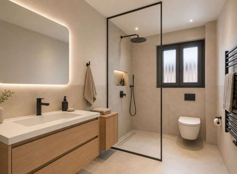 Experience modern luxury in this stunning bathroom featuring a sleek vanity with ample storage, a spacious walk-in shower with a rainfall showerhead, and a wall-mounted toilet.