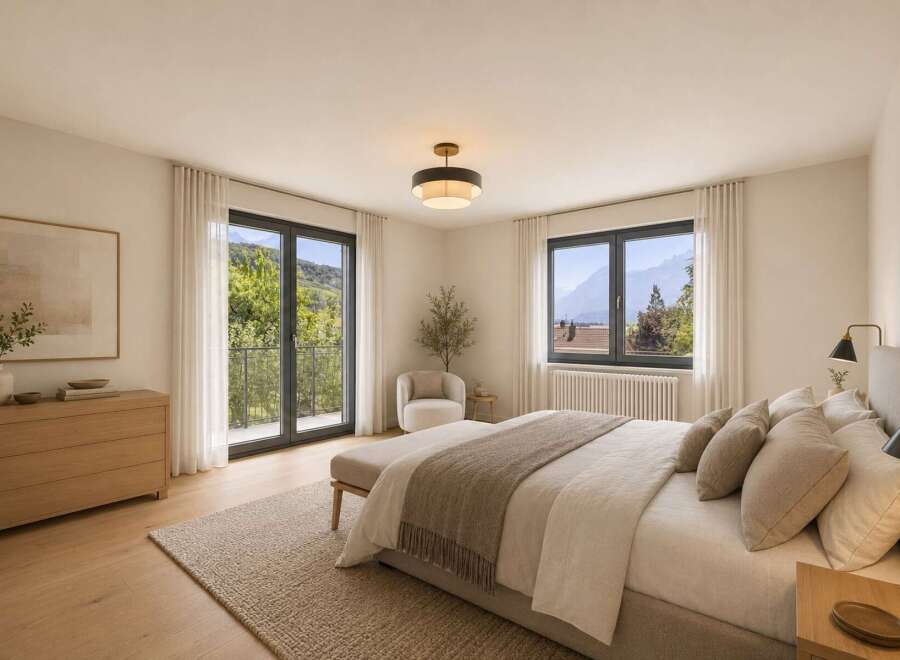 Experience breathtaking mountain views from this serene bedroom, featuring a spacious king-size bed adorned with plush pillows and a cozy throw.