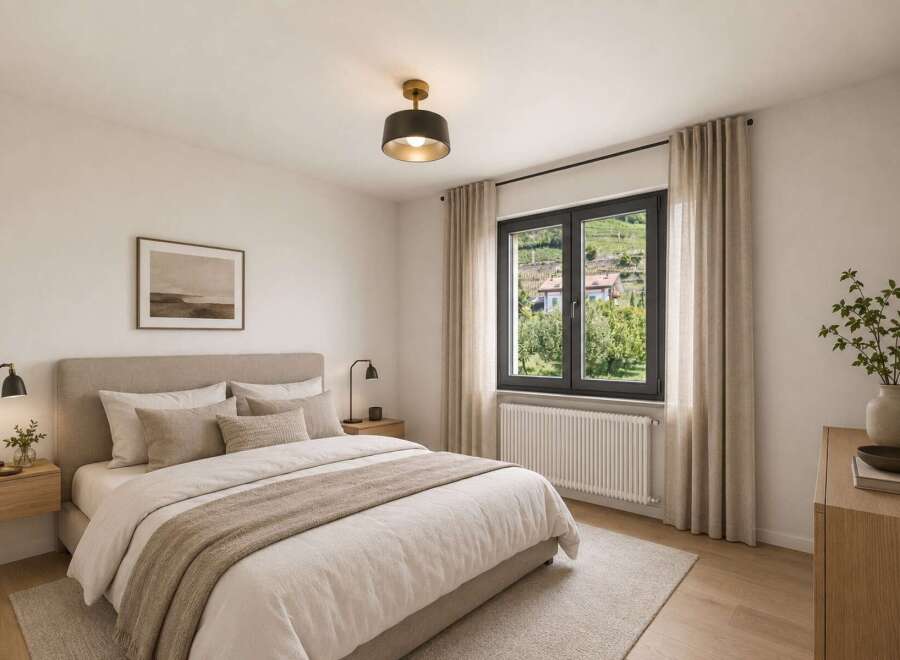 Experience serene living in this beautifully appointed bedroom, featuring a plush king-sized bed adorned with soft, neutral linens and accent pillows.