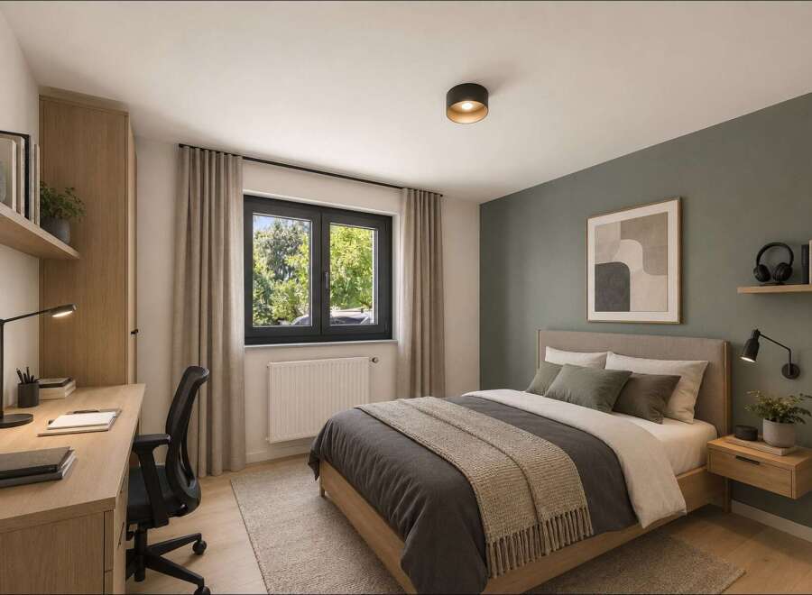 Discover this modern bedroom featuring a comfortable bed with plush bedding and a stylish accent wall.