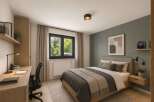 Discover this modern bedroom featuring a comfortable bed with plush bedding and a stylish accent wall.