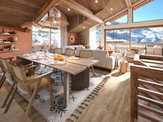 Experience luxurious mountain living in this stunning dining and living area, featuring a rustic wooden dining table set for a feast and a cozy seating area perfect for après-ski relaxation.