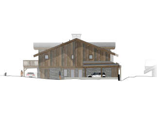 This architectural rendering showcases a modern chalet-style home featuring a rustic wooden exterior complemented by a stone base.