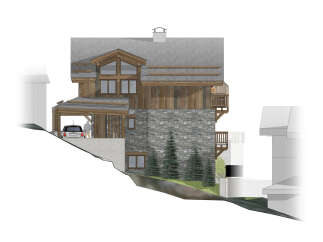 This architectural rendering showcases a multi-level chalet-style home with a stone and wood facade, designed to integrate with a sloped terrain.