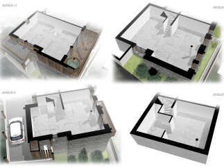 Discover this multi-level property offering distinct living spaces, from a rooftop terrace with a hot tub and lounge area to a ground floor with a car and garden access.