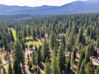 Nestled amidst a dense forest, this property offers a serene retreat with a golf course visible in the foreground.