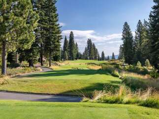 Experience the beauty of this stunning golf course, featuring lush green fairways winding through majestic pine trees.