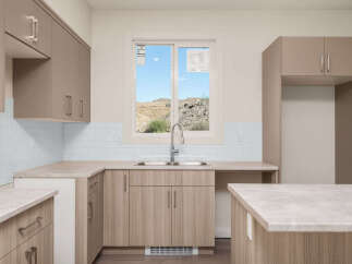 Discover this modern kitchen featuring sleek, taupe cabinetry and a complementary light wood grain finish on the lower cabinets and island.
