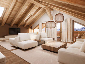 Experience luxury mountain living in this stunning loft-style living room, featuring a modern fireplace and expansive windows with breathtaking alpine views.