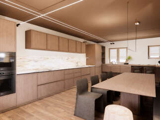 Experience modern living in this stunning kitchen and dining area, featuring sleek wooden cabinetry and integrated Miele appliances.