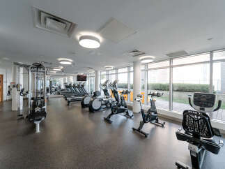 Experience a healthy lifestyle in this modern gym, featuring state-of-the-art cardio equipment like treadmills and stationary bikes, alongside a versatile weight machine.