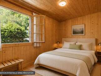 Experience cozy living in this charming wooden cabin bedroom, featuring a comfortable queen-sized bed adorned with soft linens and accent pillows.