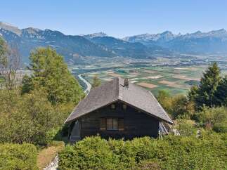 Experience breathtaking panoramic views from this charming wooden cabin, nestled amidst lush greenery.