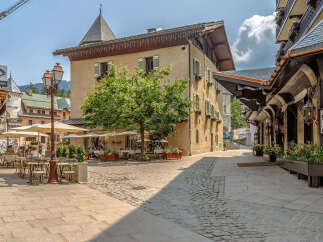 Experience the charm of this picturesque European street scene, perfect for a boutique hotel or upscale restaurant.