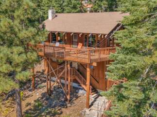 Nestled amidst towering pine trees, this charming wooden cabin offers a serene mountain retreat.