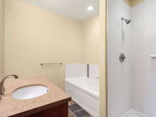 This bathroom features a spacious vanity with a granite countertop and a modern faucet, complemented by a sleek bathtub and a separate tiled shower stall.