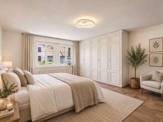 Experience serene comfort in this beautifully appointed bedroom, featuring a plush king-size bed adorned with soft linens and accent pillows.