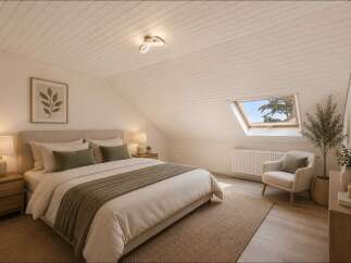 Experience serene living in this charming attic bedroom, featuring a cozy bed, a comfortable armchair, and a skylight offering picturesque views.