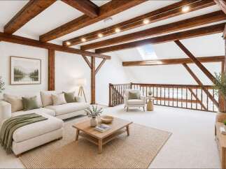 Experience rustic charm and modern comfort in this beautifully appointed living space, featuring exposed wooden beams and a vaulted ceiling with a skylight.
