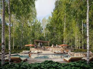 Experience luxury outdoor living with this stunning poolside oasis, surrounded by lush greenery and mature trees.