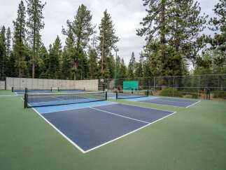Enjoy outdoor recreation with multiple pickleball courts set amidst a serene forest backdrop.