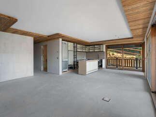 Discover this unfinished modern kitchen and living space, featuring a sleek island and ample cabinet space.