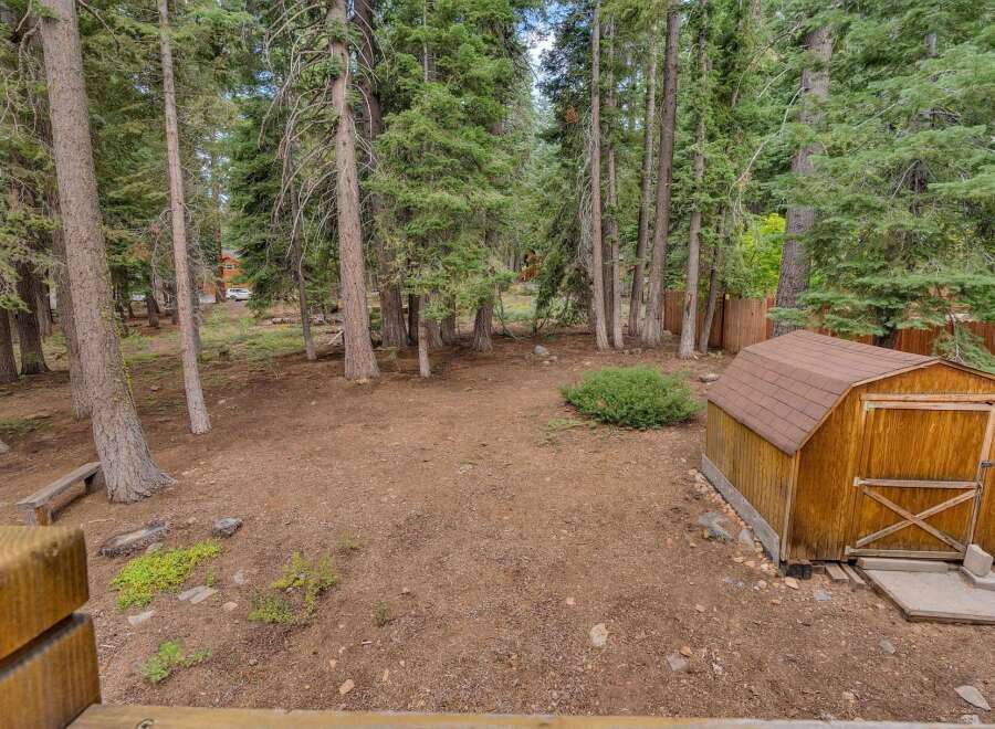 Discover this charming property nestled amongst tall pine trees, offering a serene and private backyard oasis.