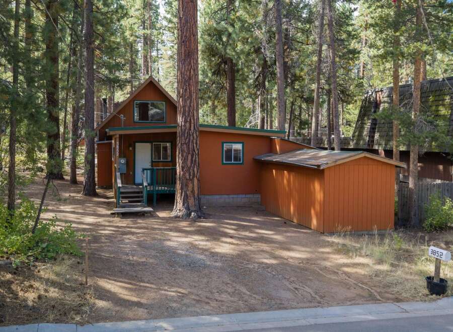 Nestled among tall pine trees, this charming cabin offers a serene mountain retreat.