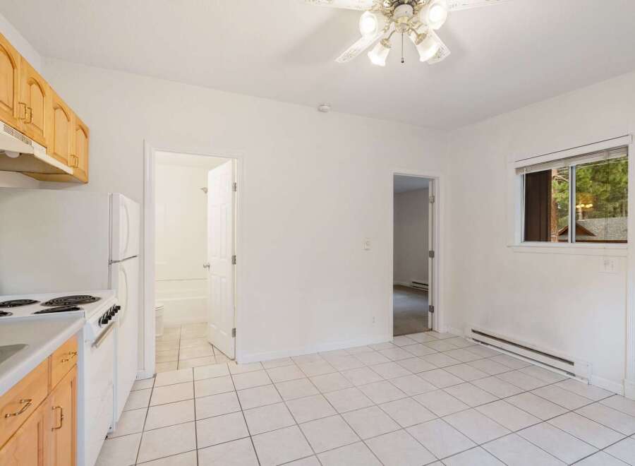 Discover this charming studio apartment featuring a compact kitchen with wooden cabinetry and essential appliances, perfect for preparing simple meals.