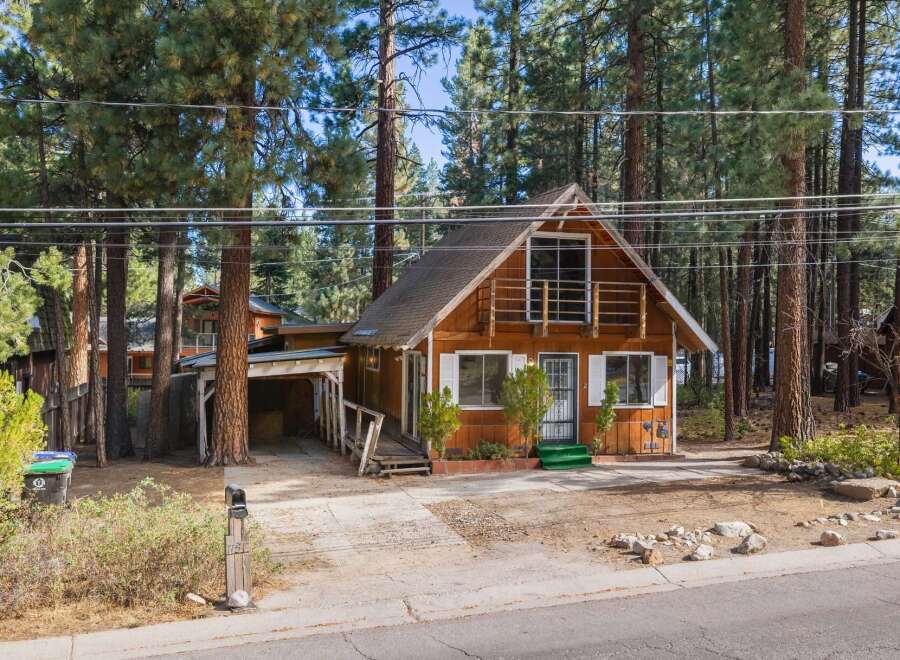 Nestled amongst tall pine trees, this charming wooden cabin offers a cozy retreat.