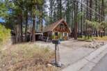 Charming A-frame cabin nestled among tall pine trees, offering a rustic mountain retreat.