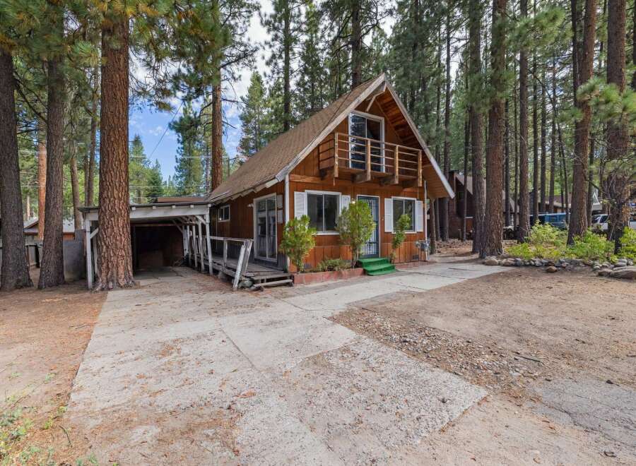 Charming cabin nestled among tall pine trees, offering a rustic retreat.