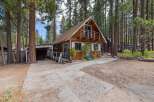 Charming cabin nestled among tall pine trees, offering a rustic retreat.