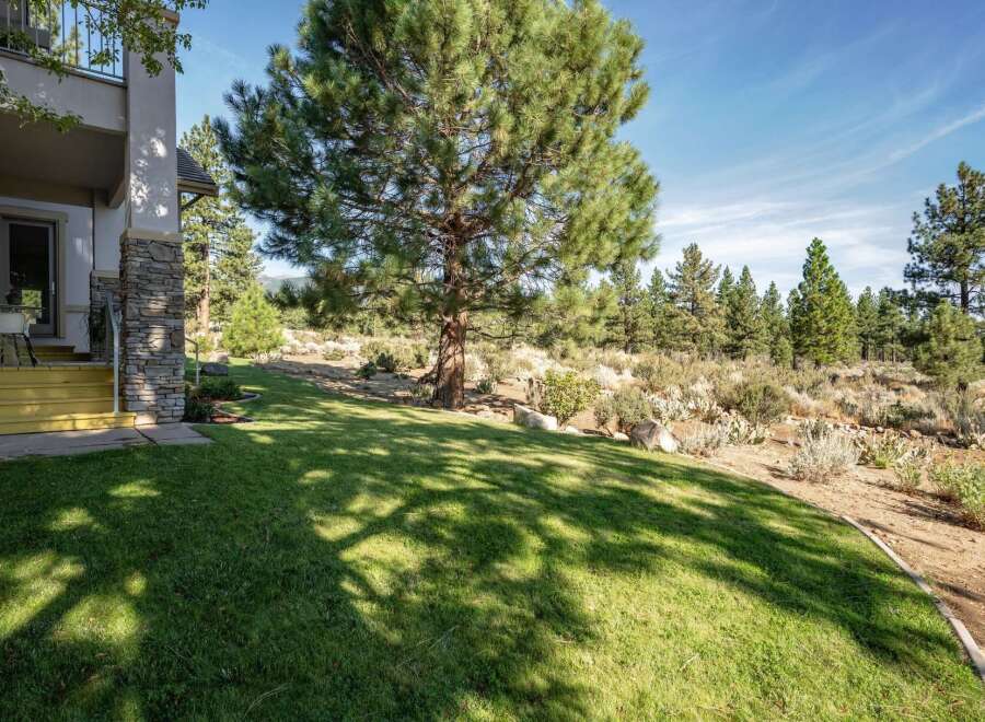 Enjoy the serene mountain landscape from this property, featuring a well-maintained lawn perfect for outdoor activities.
