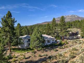 Nestled amidst towering pine trees and offering breathtaking mountain views, this stunning property boasts a modern white home with multiple balconies and a lush green lawn.