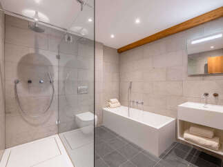 Experience modern luxury in this stunning bathroom featuring a spacious walk-in shower and a deep soaking tub, perfect for relaxation.