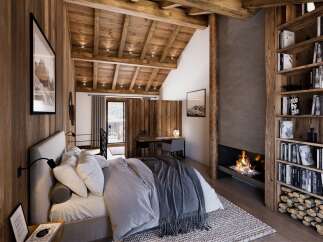 Experience rustic luxury in this charming mountain bedroom, featuring a cozy fireplace and a built-in bookshelf stocked with reading material.