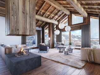 Experience luxury mountain living in this stunning chalet featuring a modern fireplace and expansive windows with breathtaking views.