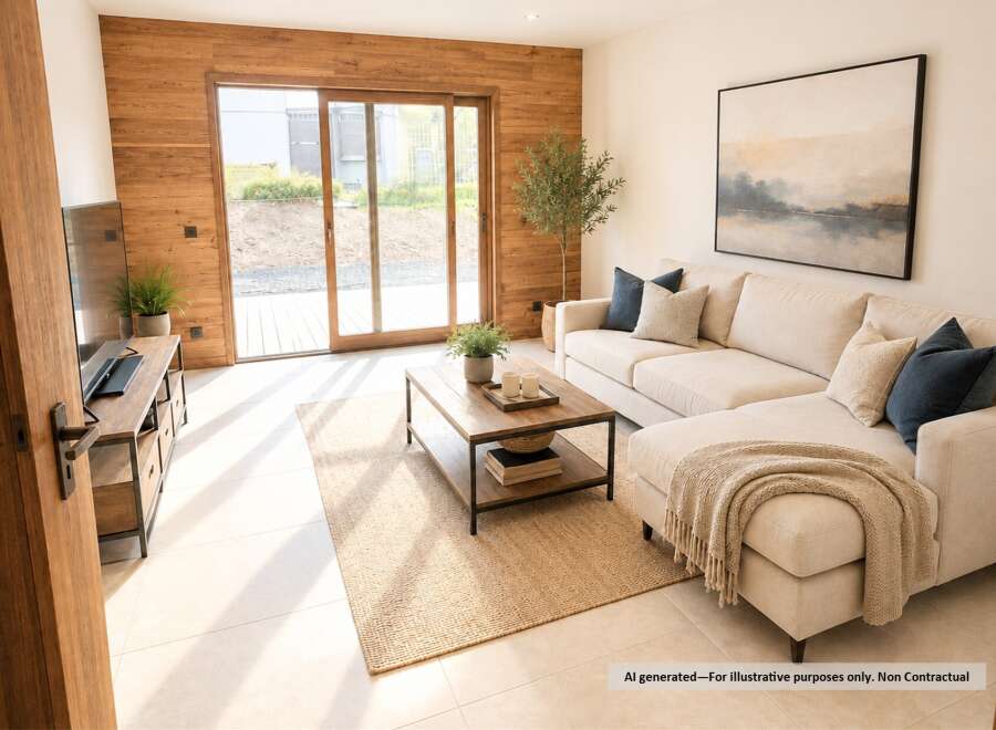 Experience modern living in this beautifully appointed living room, featuring a warm wood-paneled accent wall and expansive sliding glass doors that flood the space with natural light.