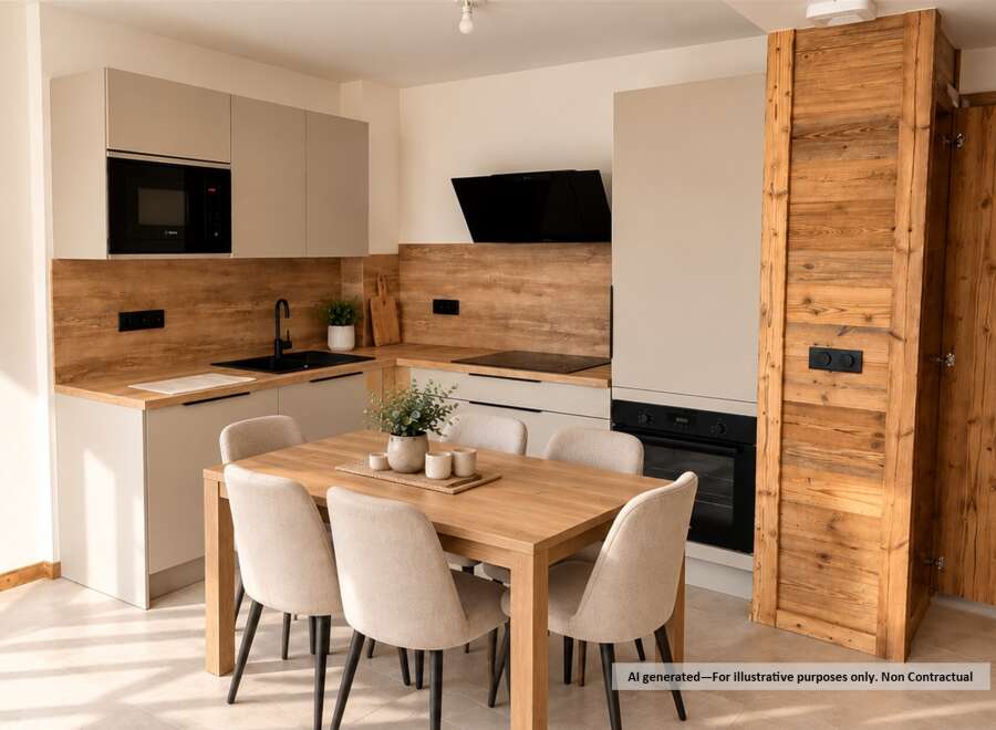 Experience modern living in this beautifully appointed kitchen and dining area, featuring sleek cabinetry and integrated appliances.