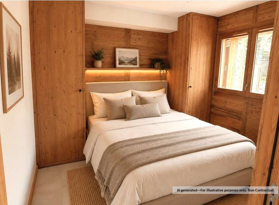 Experience cozy mountain living in this charming bedroom featuring warm wood paneling and integrated cabinetry.