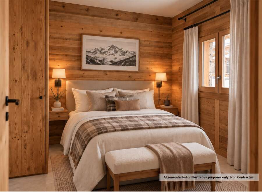 Experience rustic charm in this beautifully appointed bedroom, featuring warm wood-paneled walls and a cozy plaid throw.