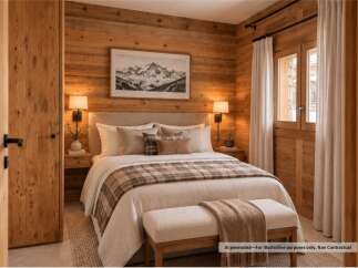 Experience rustic charm in this beautifully appointed bedroom, featuring warm wood-paneled walls and a cozy plaid throw.