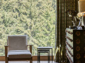 Experience rustic charm with this cozy armchair positioned by a large window overlooking a lush forest.